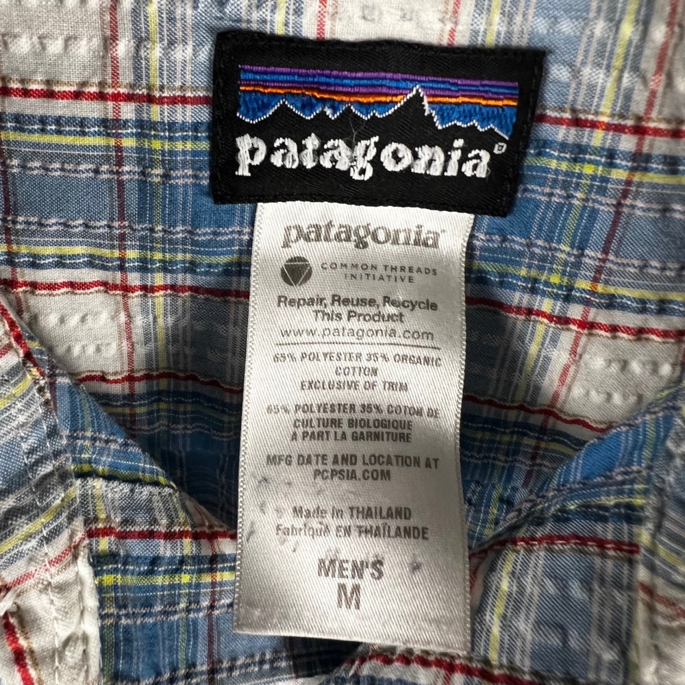 Patagonia Puckerware Shirt Men Medium Blue Plaid Seersucker Short Sleeve Button